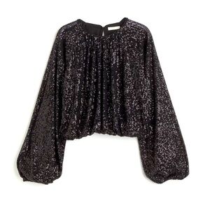 H&M‎ Black Bubble Hem Oversized Long Sleeve Crop Sequins Top NEW Size XS